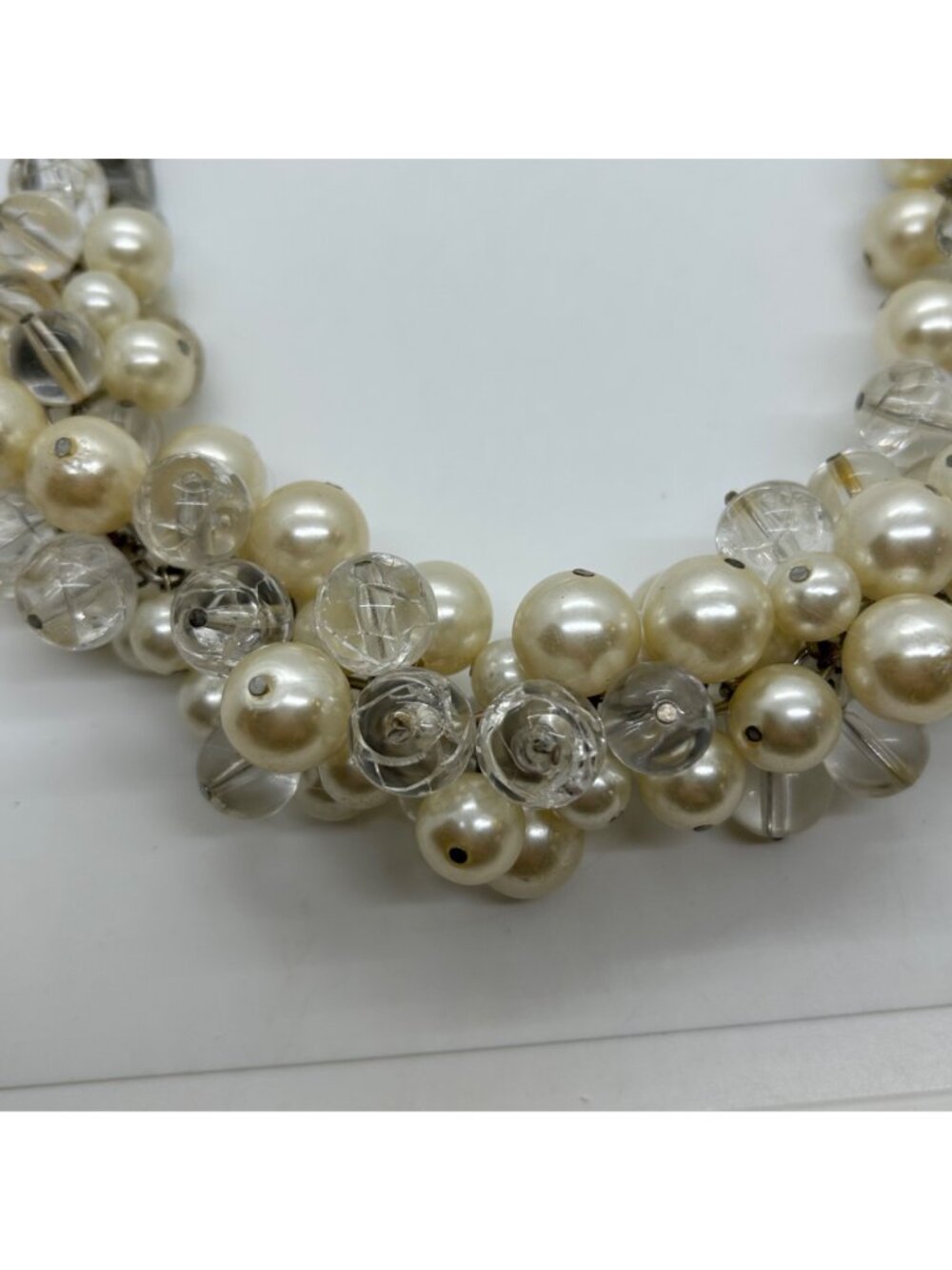Faux Pearl & Clear Crystal Necklace Chunky Statement Bib Silver-Tone Adjustable - Picture 4 of 15